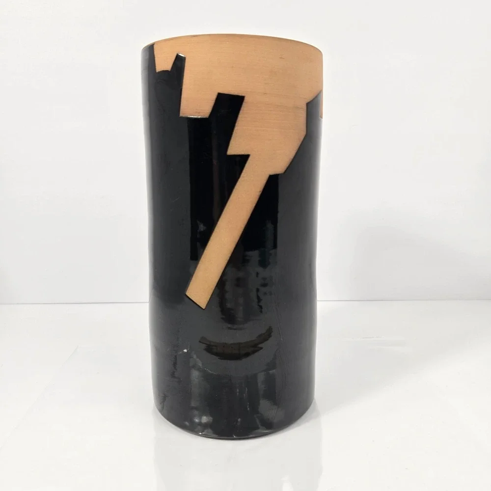Chiminazzo Italy Postmodern Black Terracotta Geometric Cylinder Vase Signed